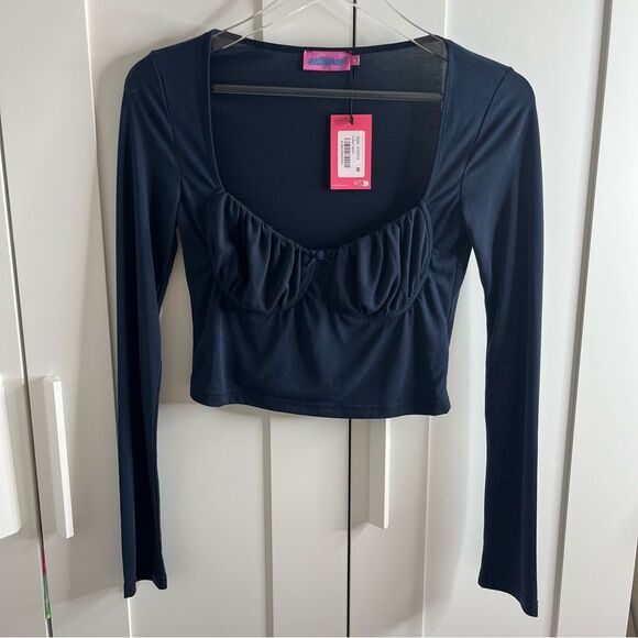 NWT EDIKTED Rain Cupped Long Sleeve Top Navy Medium - Picture 4 of 14